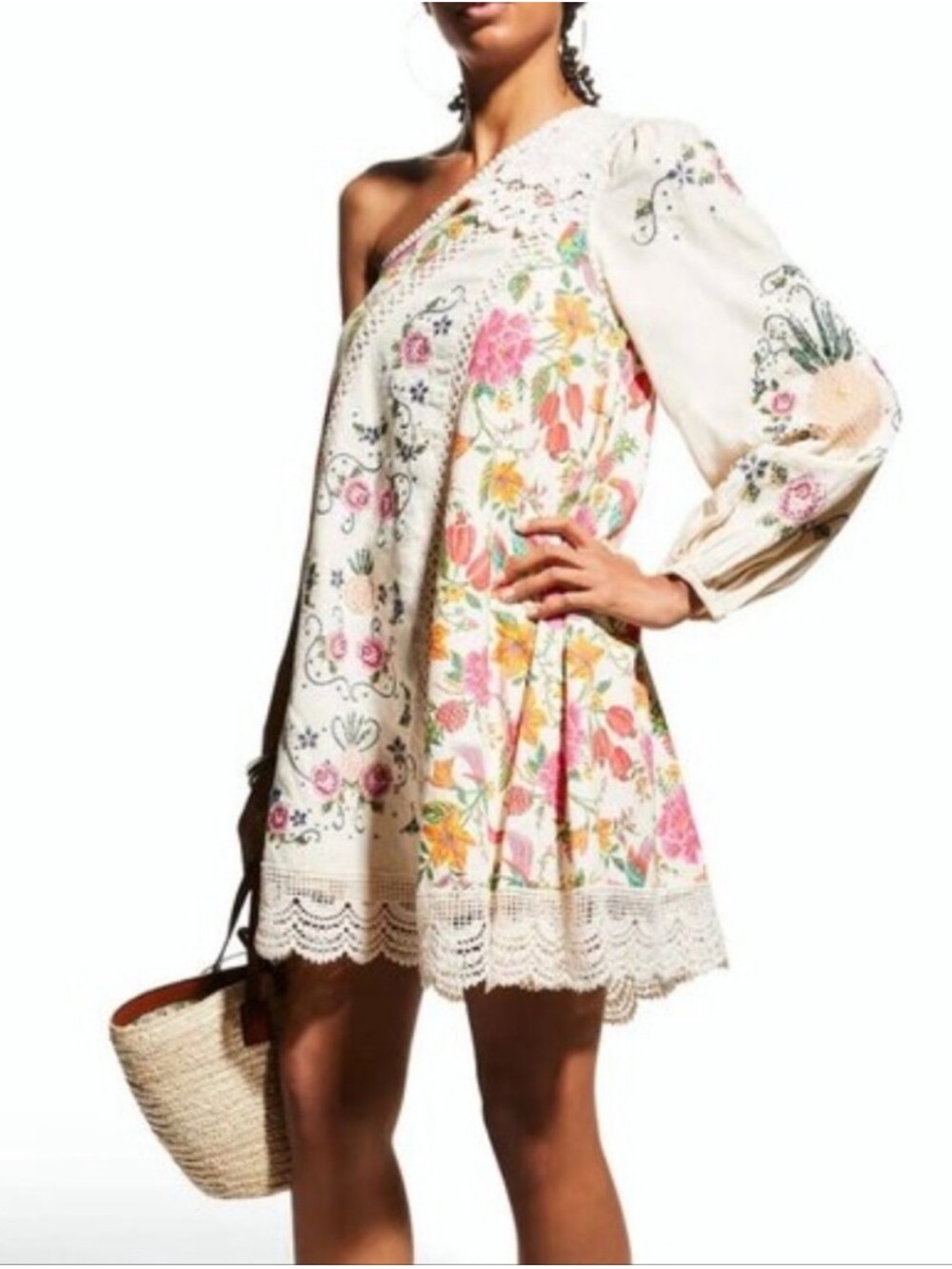 Farm Rio Toucan's Garden One-Shoulder Printed Tropical Embroidery SzL Dress